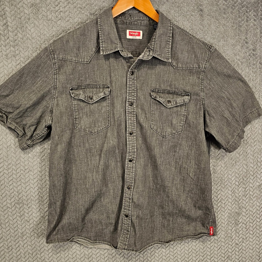 Wrangler Mens Grey Denim Short Sleeve Western Pearl Snap Shirt XL 112330902